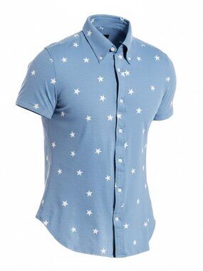 Brooks Brothers Blue Printed White Star Button Down Short Sleeve Shirt‎